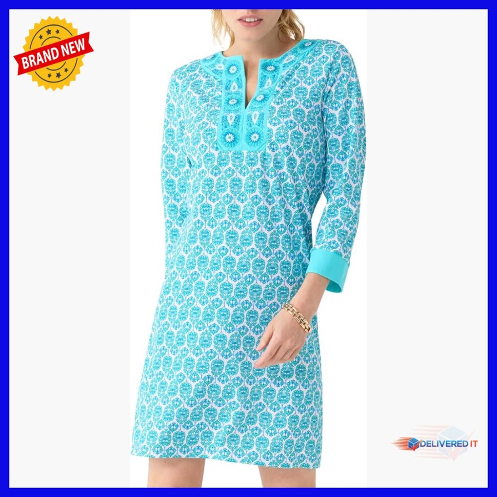 Upf 50+ Sun Protective Tunic Dress, Nylon Spandex, Midi Length, V-Neck